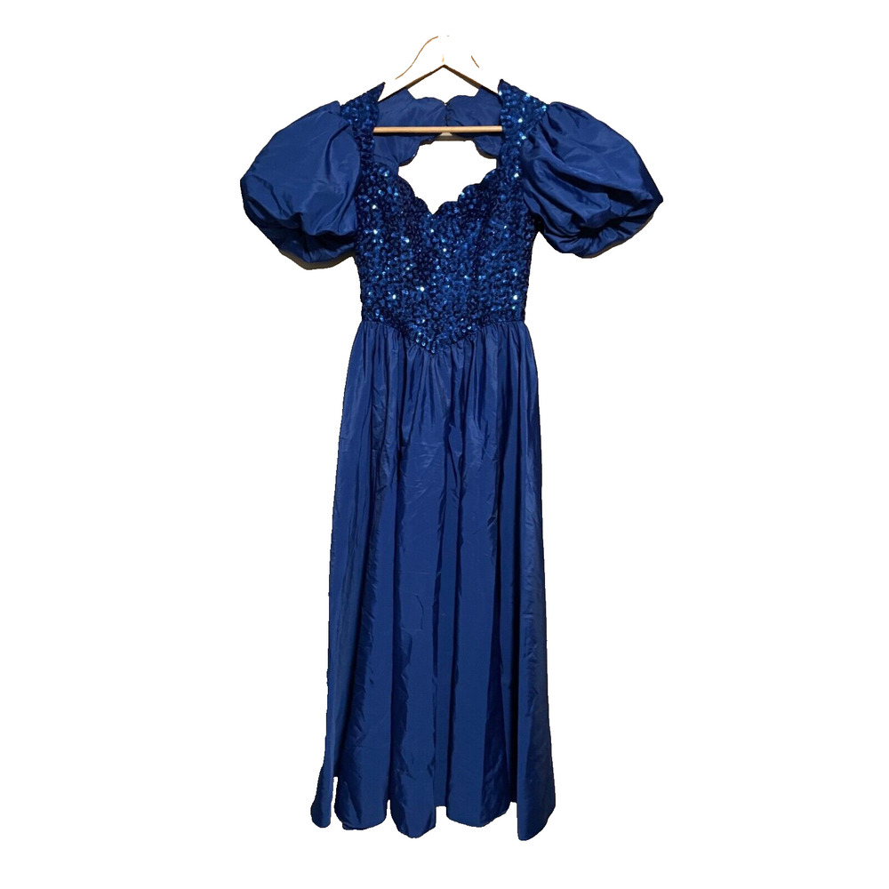 Vintage Mike Benet Womens Gown Size 8 Royal Blue Satin Sequin Puff Sleeve Party